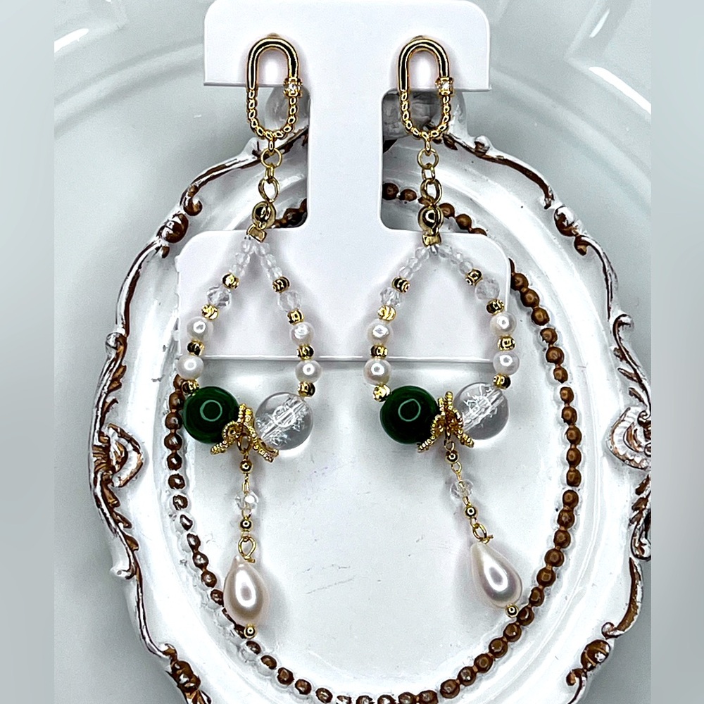 Handmade Freshwater Pearl Clear Quartz Jade Gold Plated Earrings S925 SS Posts